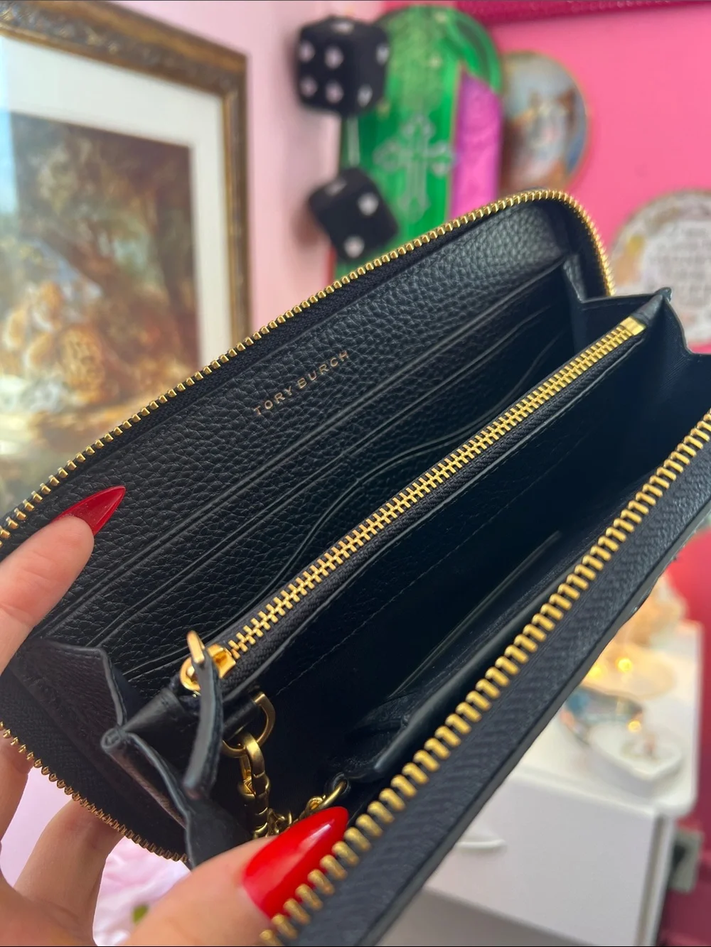 Tory Burch Black Pebbled Leather Zip Wallet with T-Logo